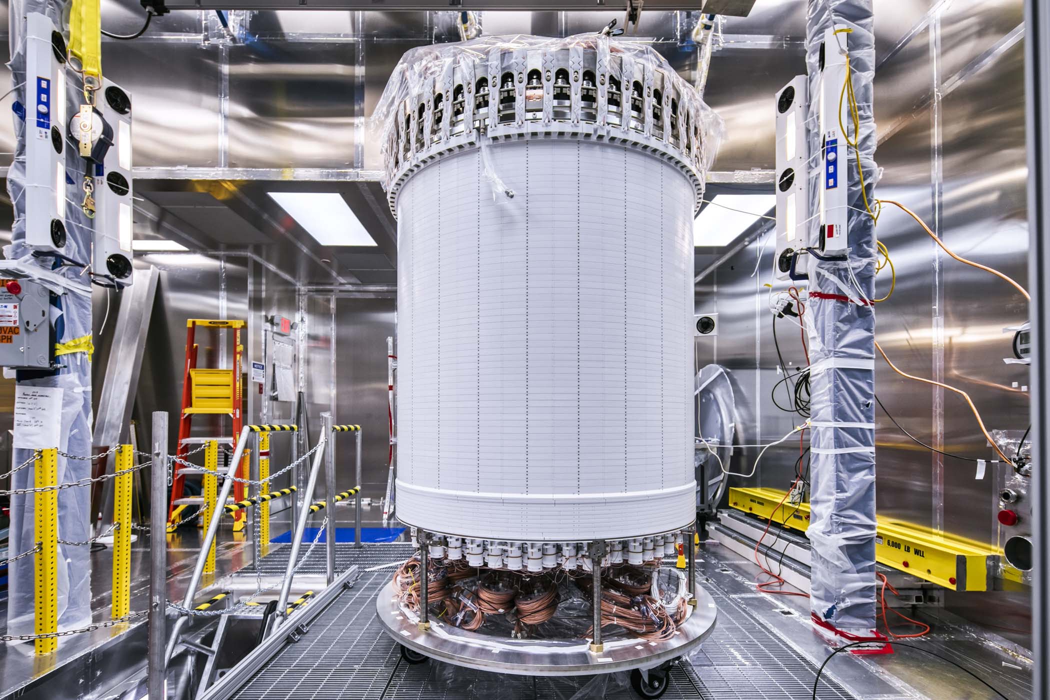 The recently assembled LUX-ZEPLIN xenon detector in the Surface Assembly Lab cleanroom at Sanford Underground Research Facility on July 26, 2019. Photo by Matthew Kapust, Sanford Underground Research Facility.</p></p>
<p><p>The recently assembled LUX-ZEPLIN xenon detector in the Surface Assembly Lab cleanroom at Sanford Underground Research Facility on July 26, 2019. Photo by Matthew Kapust, Sanford Underground Research Facility.