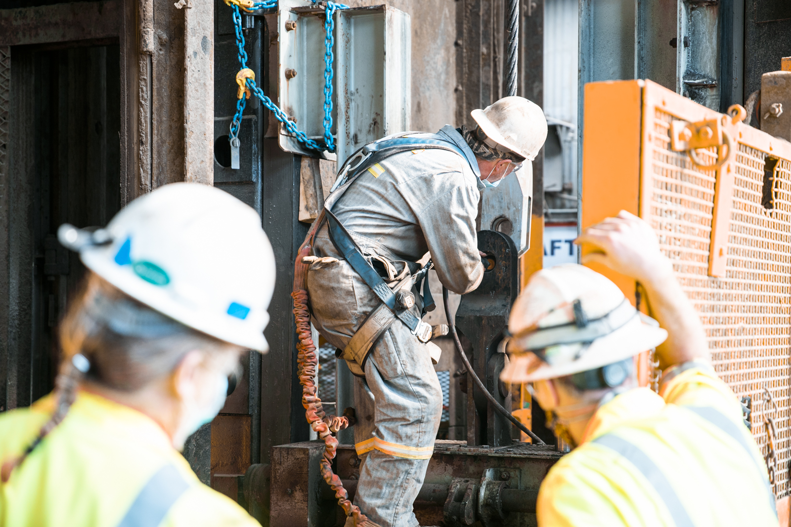 Two workers in the foreground observe another worker who is working on the top of the cage