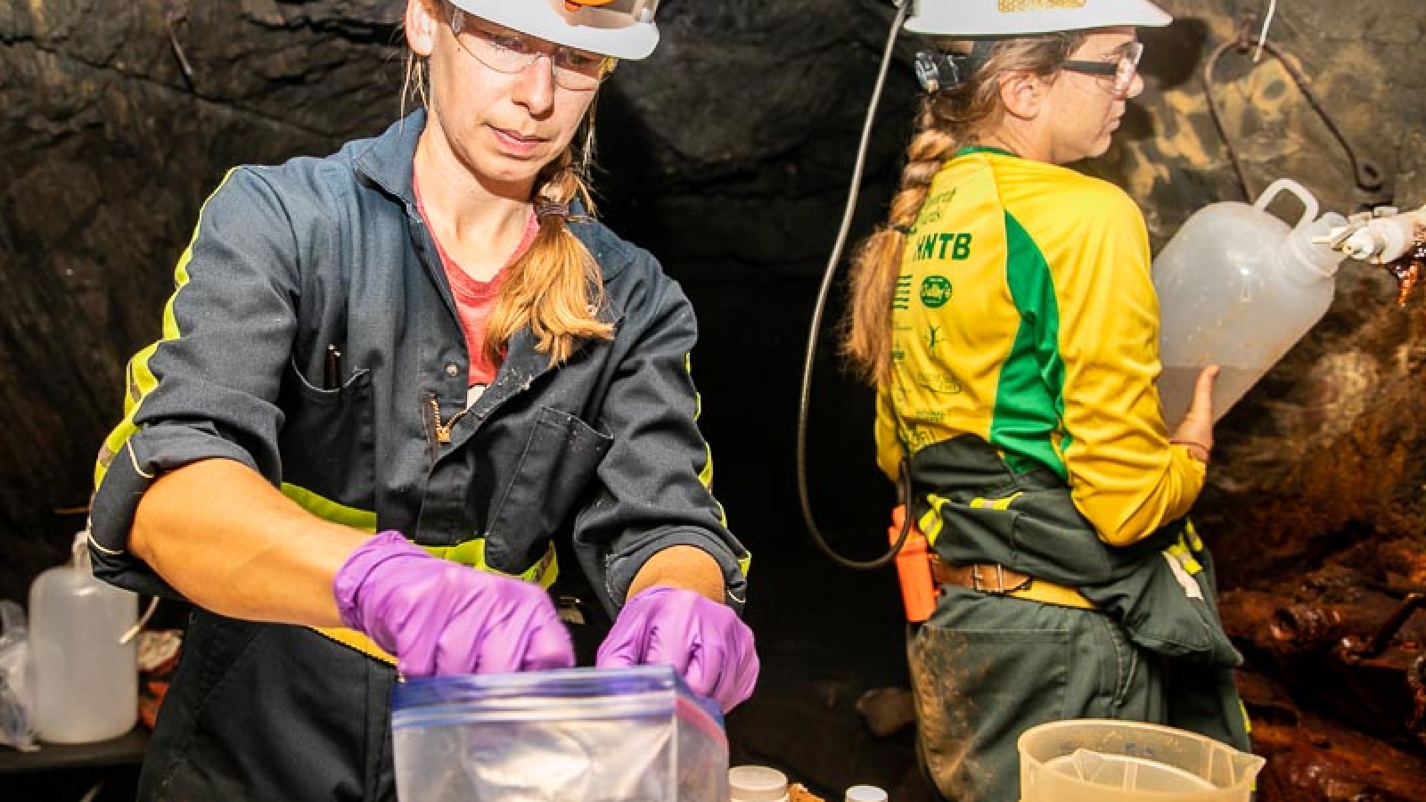 biologists gather samples in underground drift