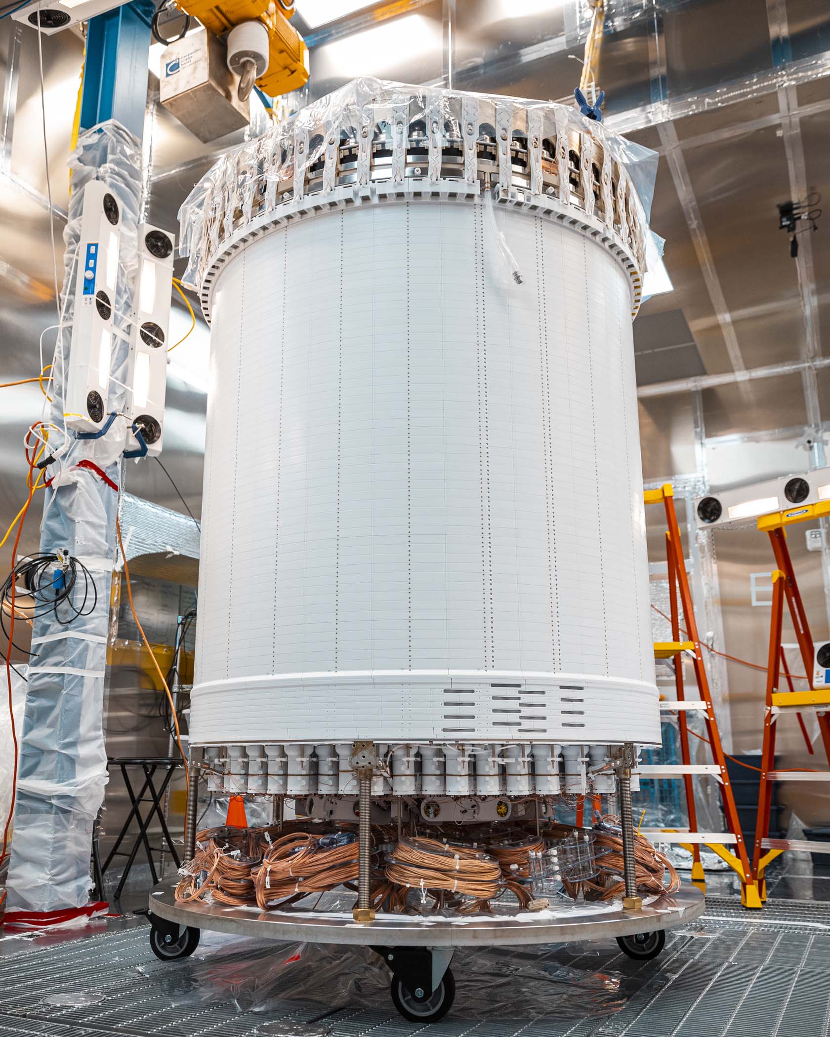 The recently assembled LUX-ZEPLIN xenon detector stands nearly 9 feet tall in the Surface Assembly Lab cleanroom at Sanford Underground Research Facility on July 26, 2019. Photo by Nick Hubbard, Sanford Underground Research Facility.