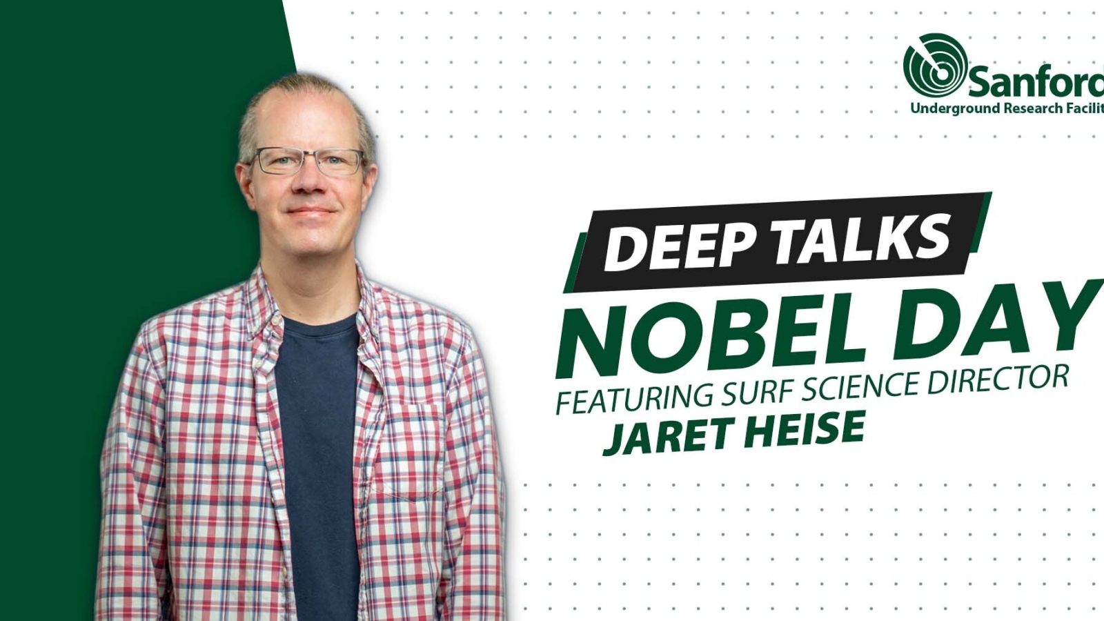 graphic includes a photo of a person smiling and the text "Deep Talks: Nobel Day featuring SURF science director Jaret Heise"