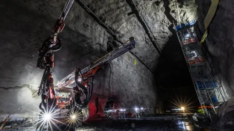Underground in the north dune cavern. Large jumbo drill is in the foreground.